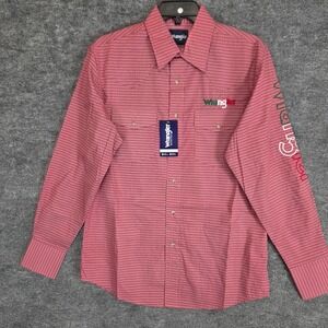 Wrangler Western Shirt Mens Medium Red Logo Pearl Snap Long Sleeve Classic Fit